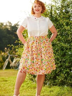 2X high waist mushroom snail ladybug retro floral Print midi skirt w pockets